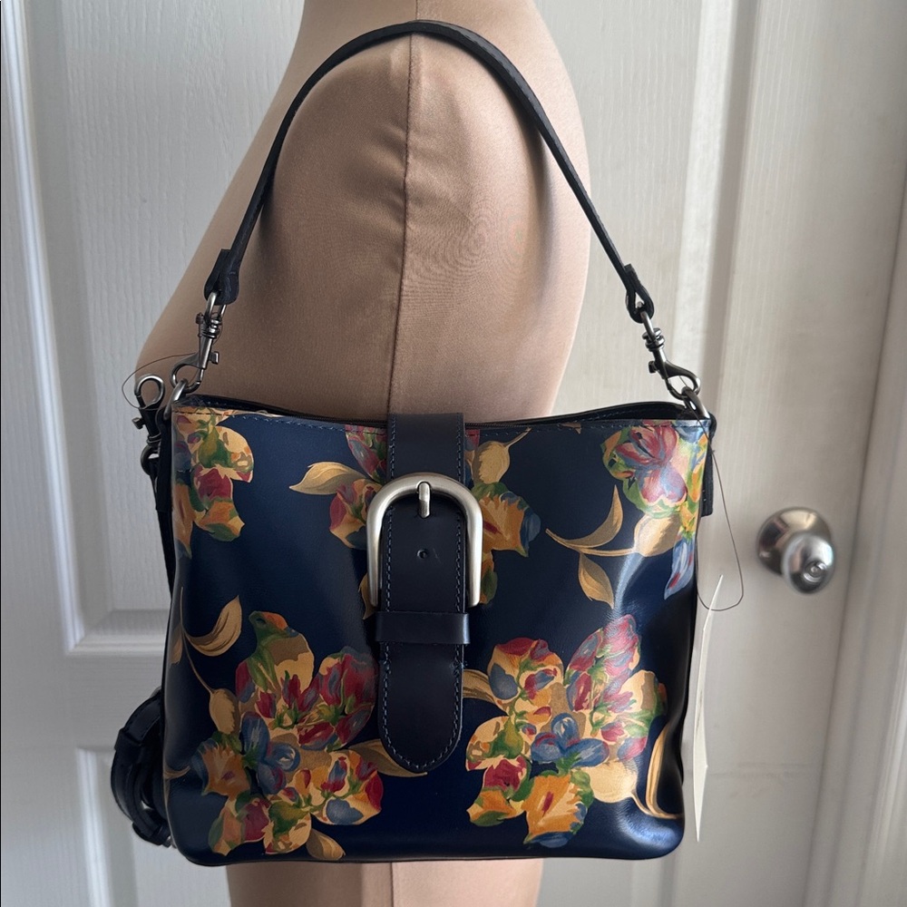 Patricia Nash Irving Bucket Crossbody Bag Distress Le Fleur Leather Black Blue - Picture 3 of 13